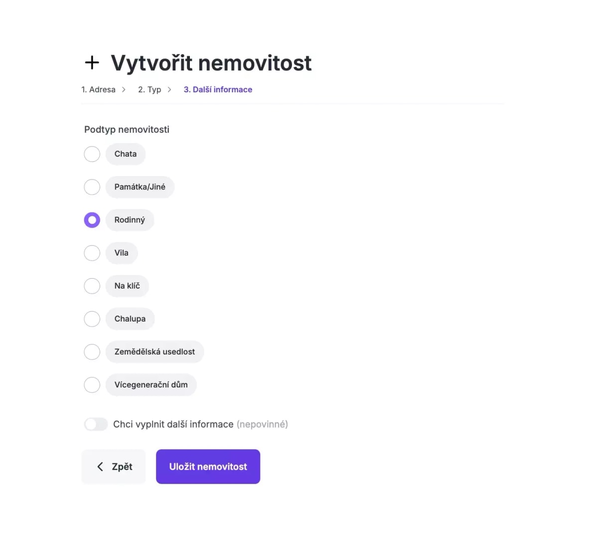 Výběr podtypu nemovitosti